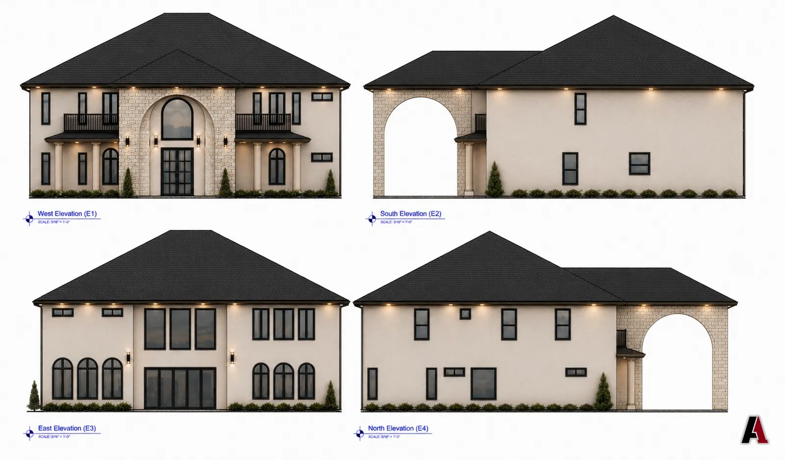 The same four elevations with wall sconces and soffit lights turned on, by A1 Design and Construction